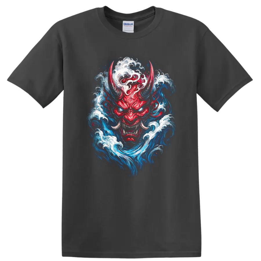 Japanese Oni Demon Mask Wave Art T Shirt For Streetwear Fans - Charcoal