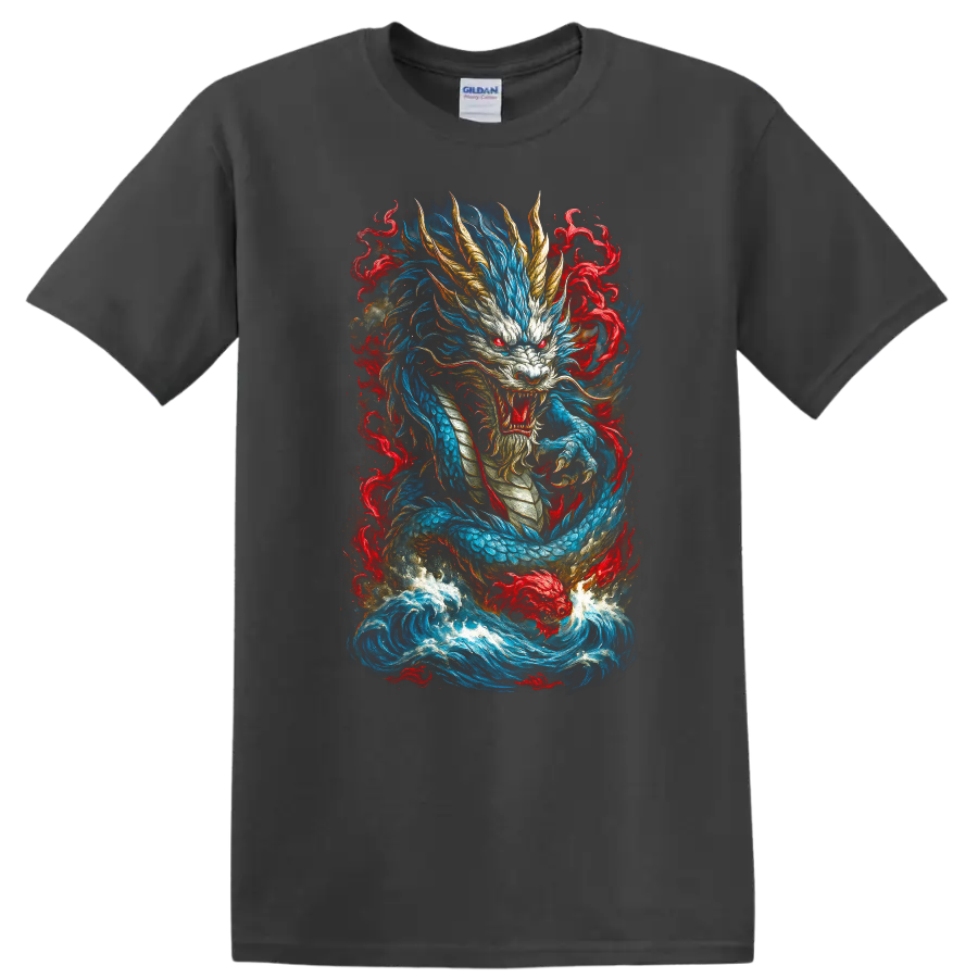 Japanese Dragon Flame Art T Shirt Blue Red Mythical Warrior Design - Charcoal
