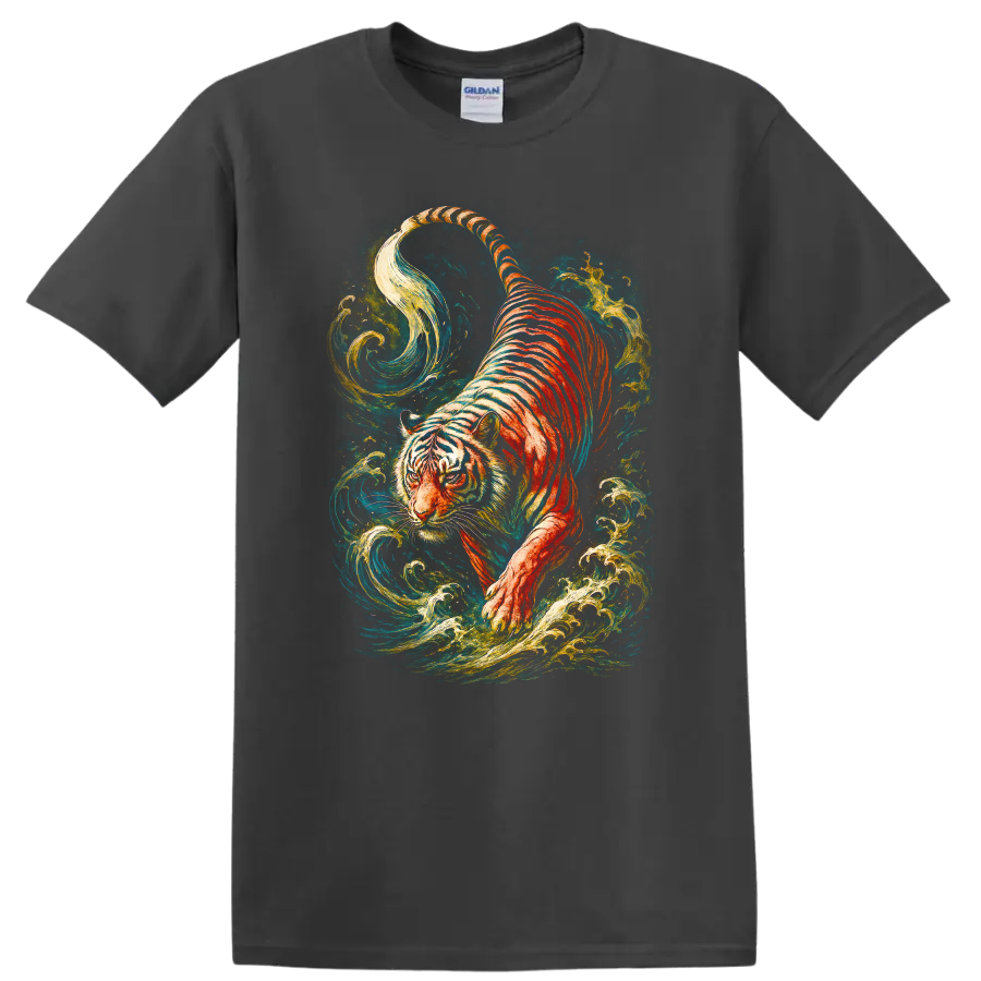 Japanese Style Tiger Art T Shirt Colorful Water Swirl Graphic - Charcoal