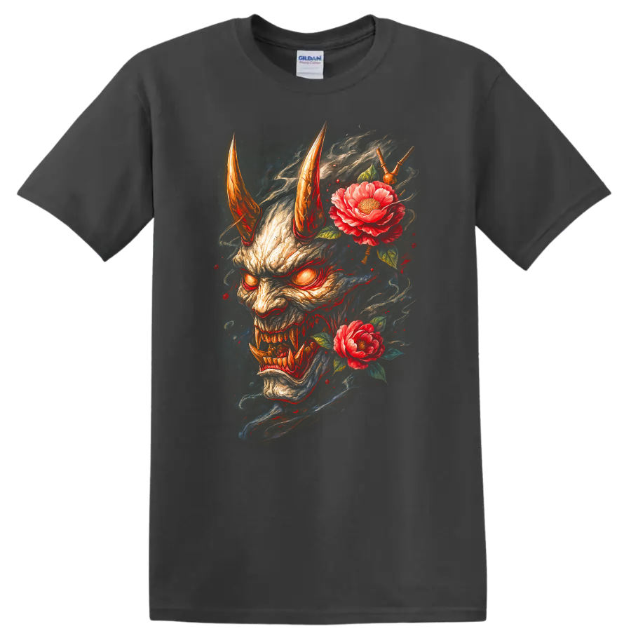 Japanese Oni Demon Mask with Flowers Dark Art T Shirt - Charcoal