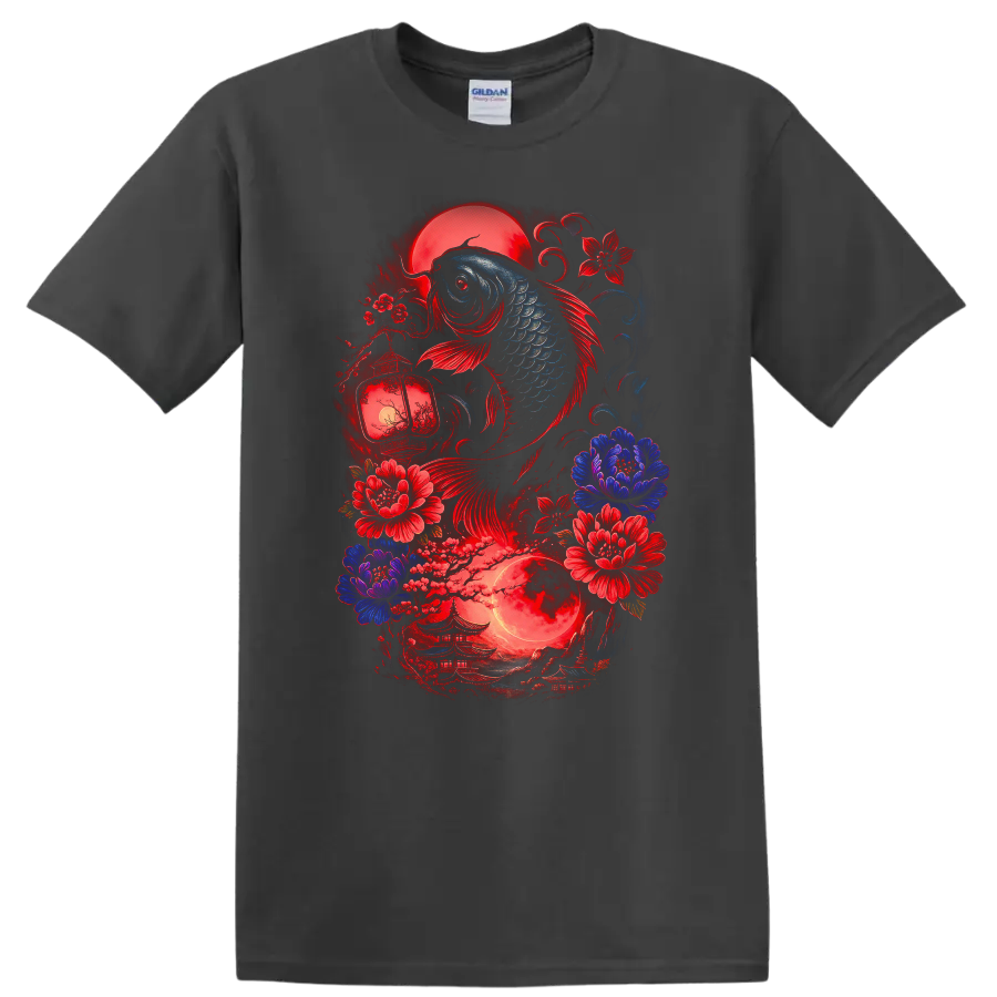 Japanese Koi Fish and Moon Floral Art T Shirt for Zen Aesthetic - Charcoal