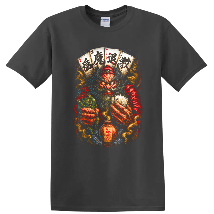 Japanese Oni Joker Card Art T Shirt for Dark Fantasy Streetwear - Charcoal
