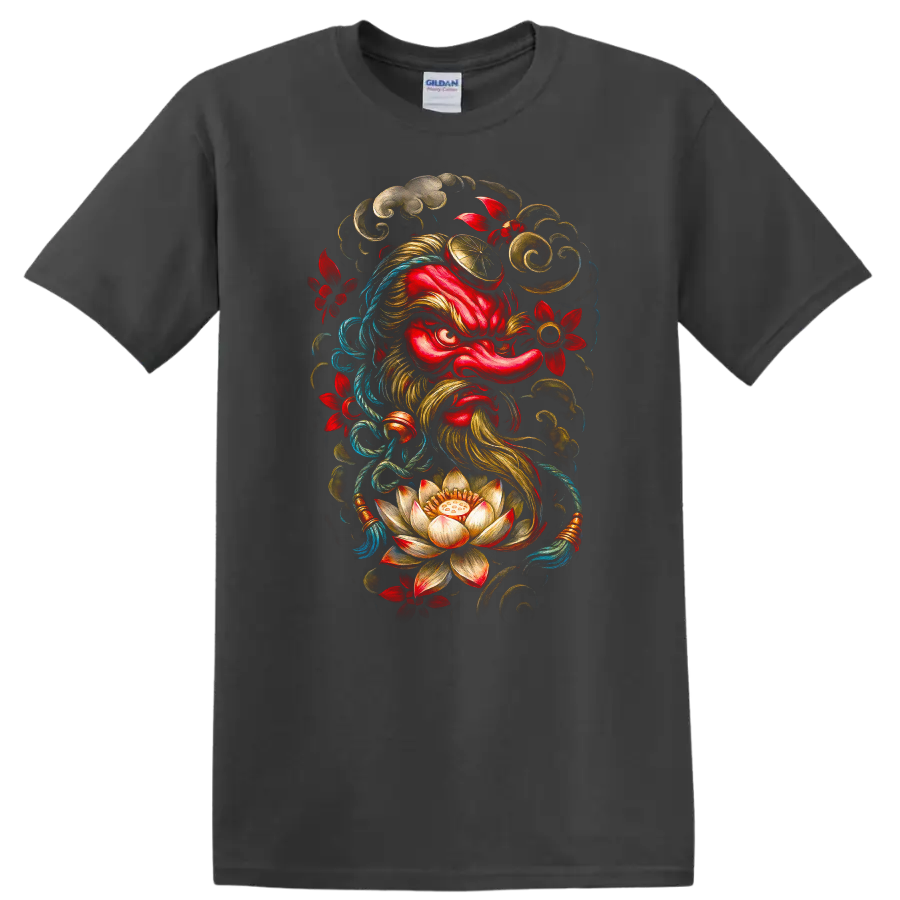 Japanese Oni Samurai Mask Lotus Floral Art T Shirt - Charcoal