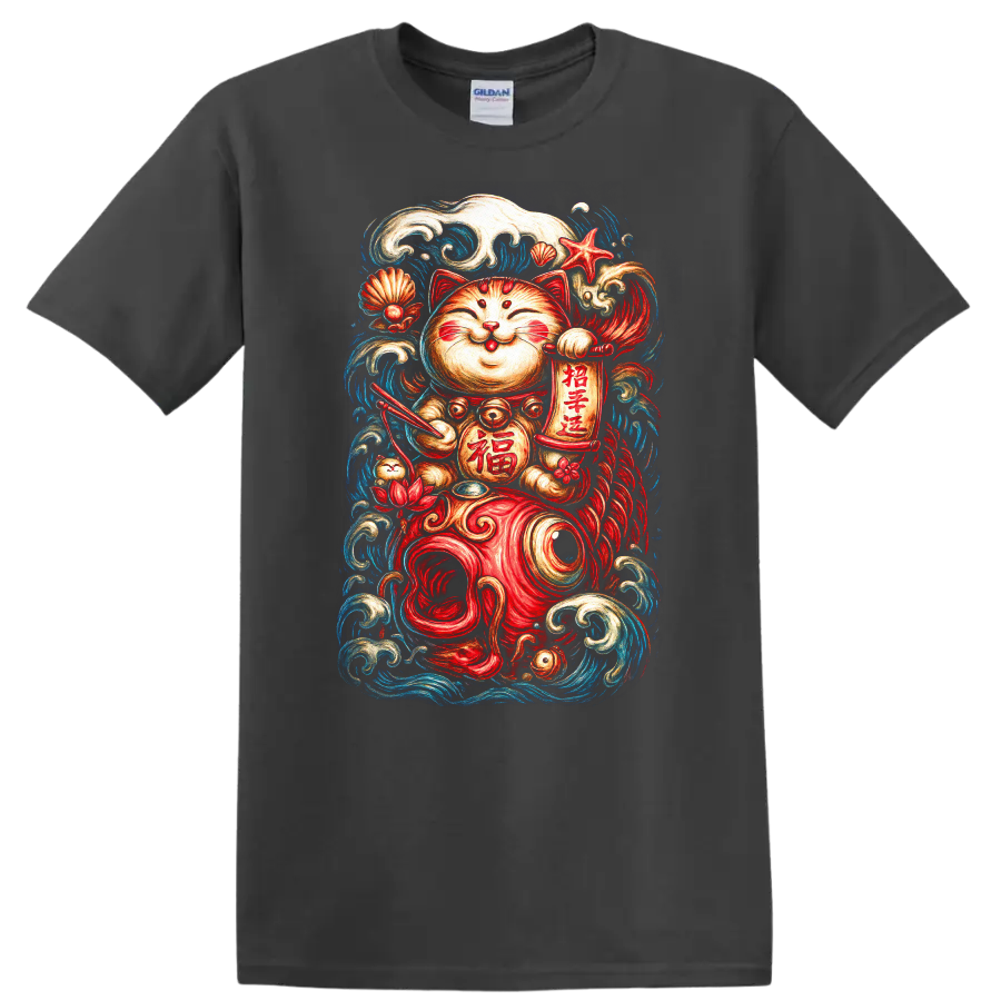 Japanese Lucky Cat Koi Waves Maneki Neko T Shirt - Charcoal