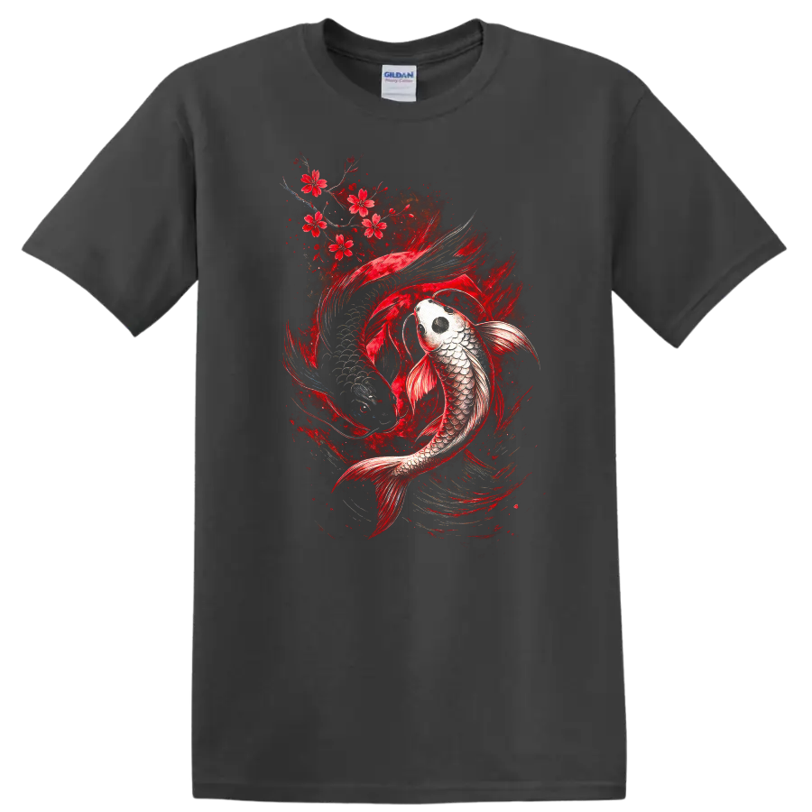 Japanese Koi Fish Red Cherry Blossom Art T Shirt for Men and Women - Charcoal