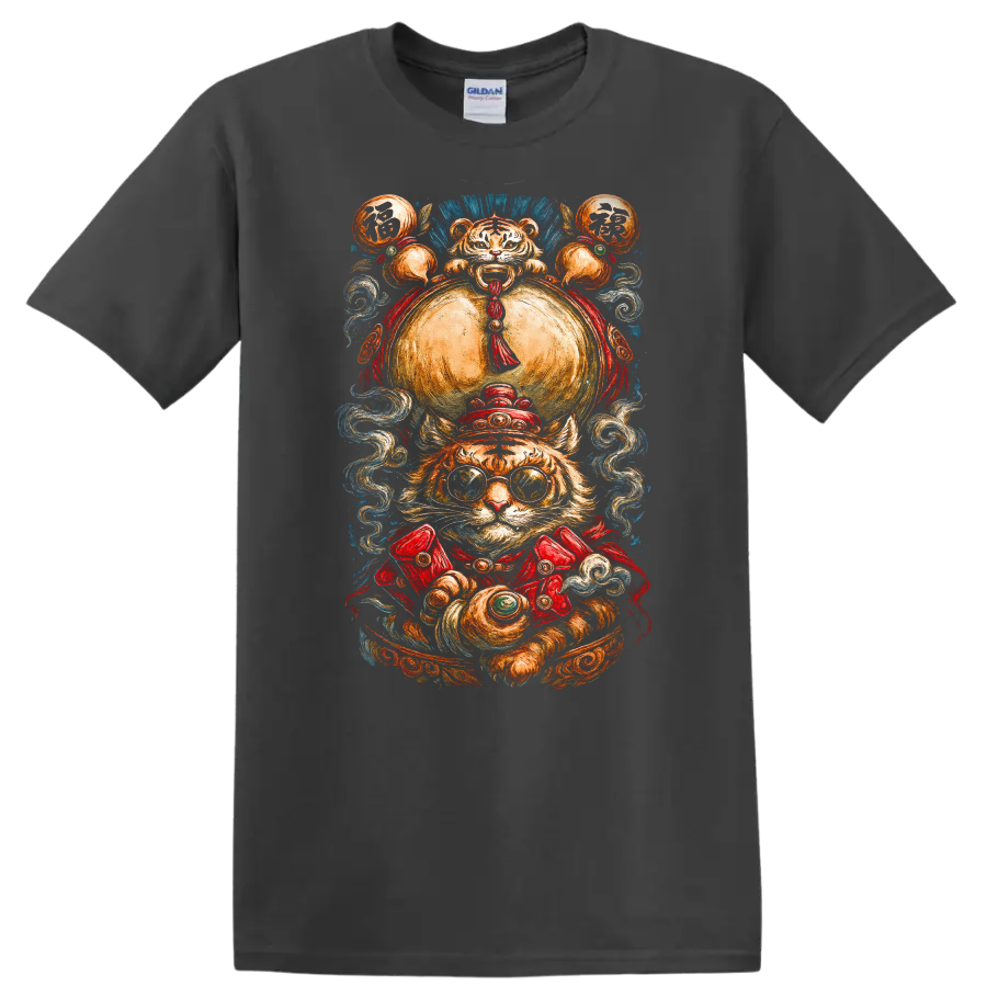Japanese Style Lucky Tiger T Shirt with Ornate Fox Fire Festival Art - Charcoal
