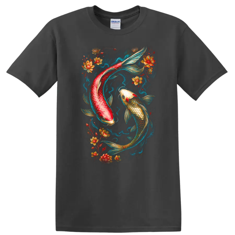 Japanese Style Koi Fish Floral Art T Shirt Vibrant Asian Tattoo Design - Charcoal