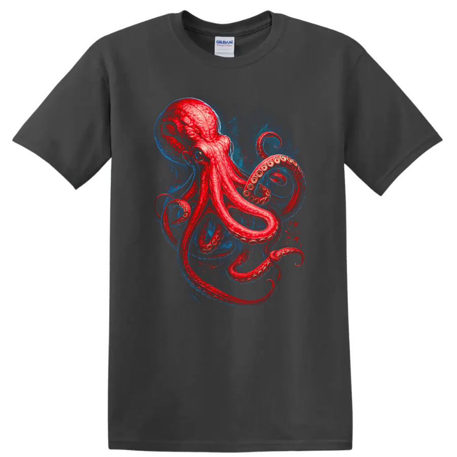 Japanese Style Red Octopus Sea Creature Art T Shirt on a Charcoal T Shirt