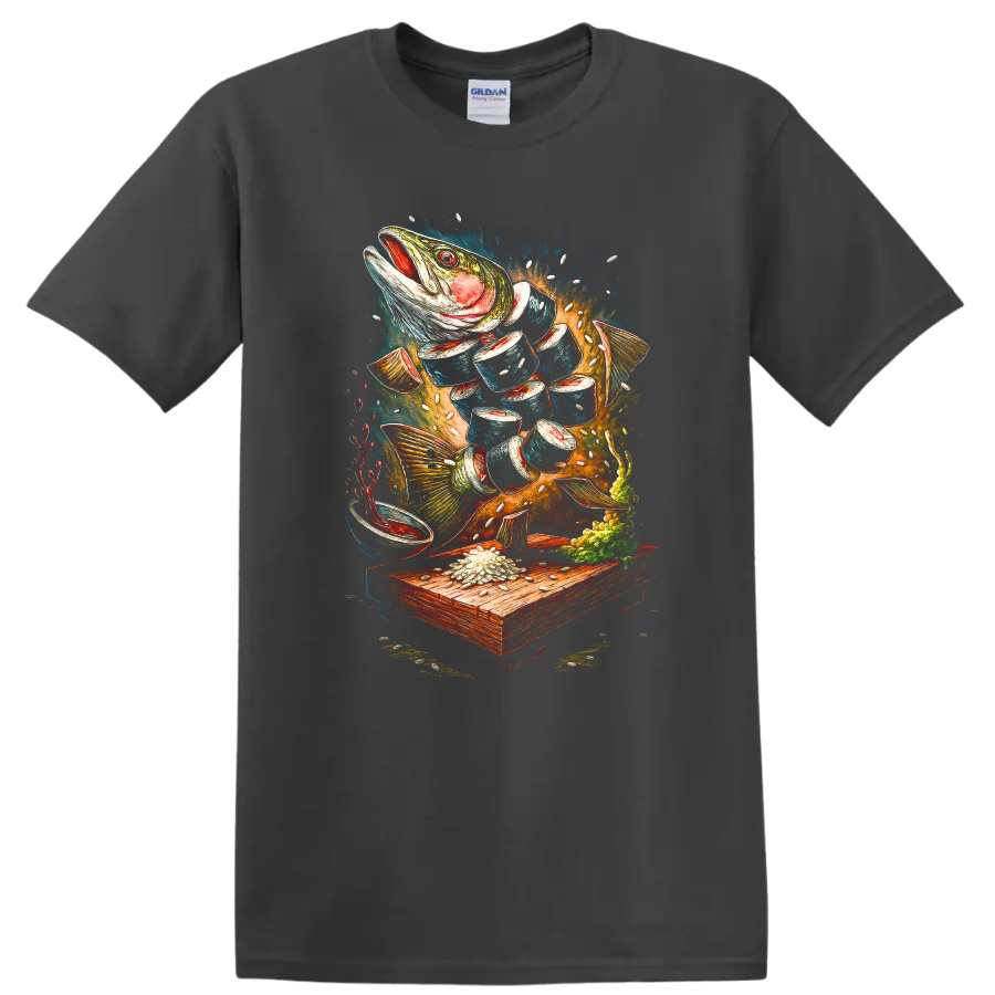 Japanese Style Fish Art T Shirt Vibrant Underwater Catch Design - Charcoal