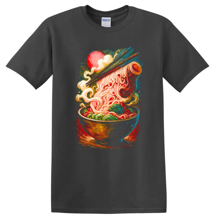 Japanese Ramen Bowl Art T Shirt Vibrant Noodle Chopsticks Design - Charcoal
