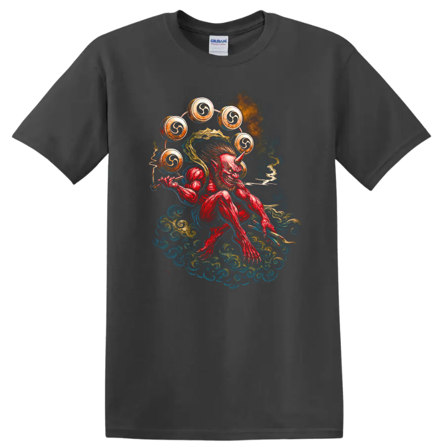 Japanese Oni Demon Drummer T Shirt Watercolor Samurai Style - Charcoal