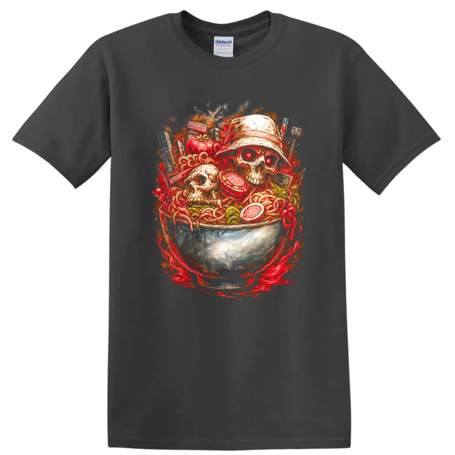 Japanese Style Skull Ramen Bowl Art T Shirt for Streetwear Fans - Charcoal