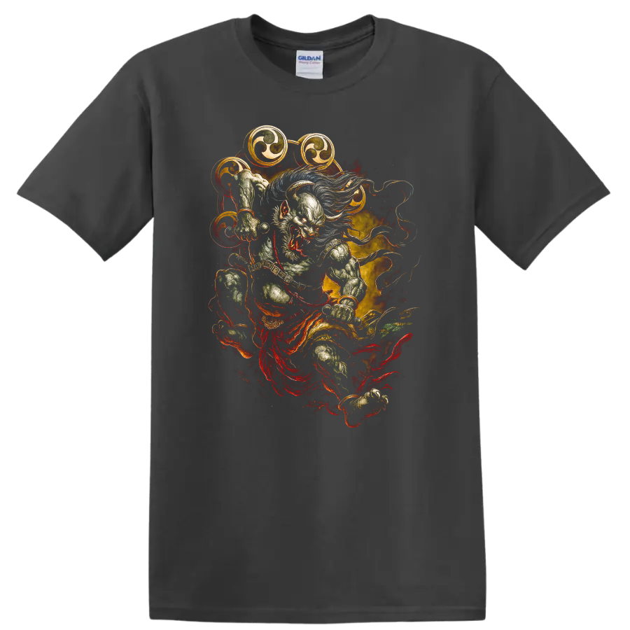 Japanese Style Oni Warrior T Shirt Dramatic Fire Art Graphic - Charcoal