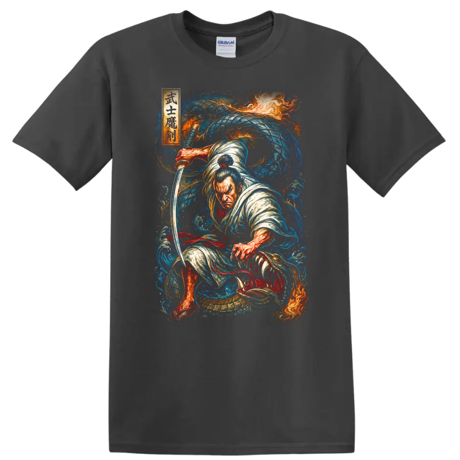 Japanese Samurai Dragon Warrior T Shirt Fierce Katana Art - Charcoal