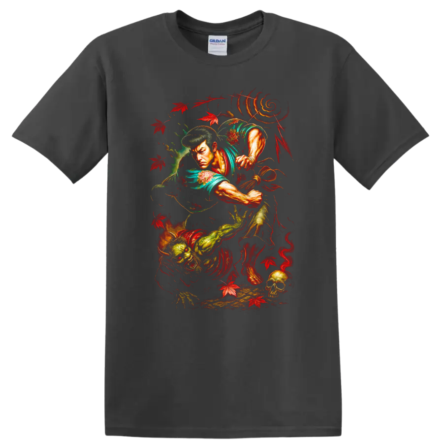 Japanese Samurai Warrior Dragon T Shirt Bold Vintage Anime Style - Charcoal