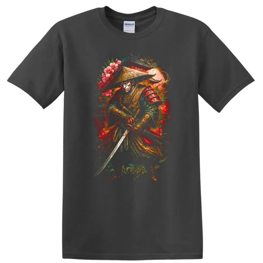 Japanese Samurai Warrior T Shirt with Floral Armor and Katana - Charcoal
