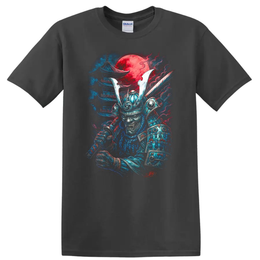 Japanese Samurai Oni Warrior T Shirt with Red Moon Samurai Art - Charcoal