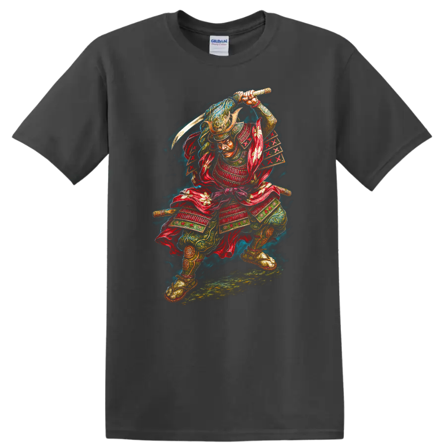 Japanese Samurai Warrior T Shirt Fierce Samurai Sword Art - Charcoal