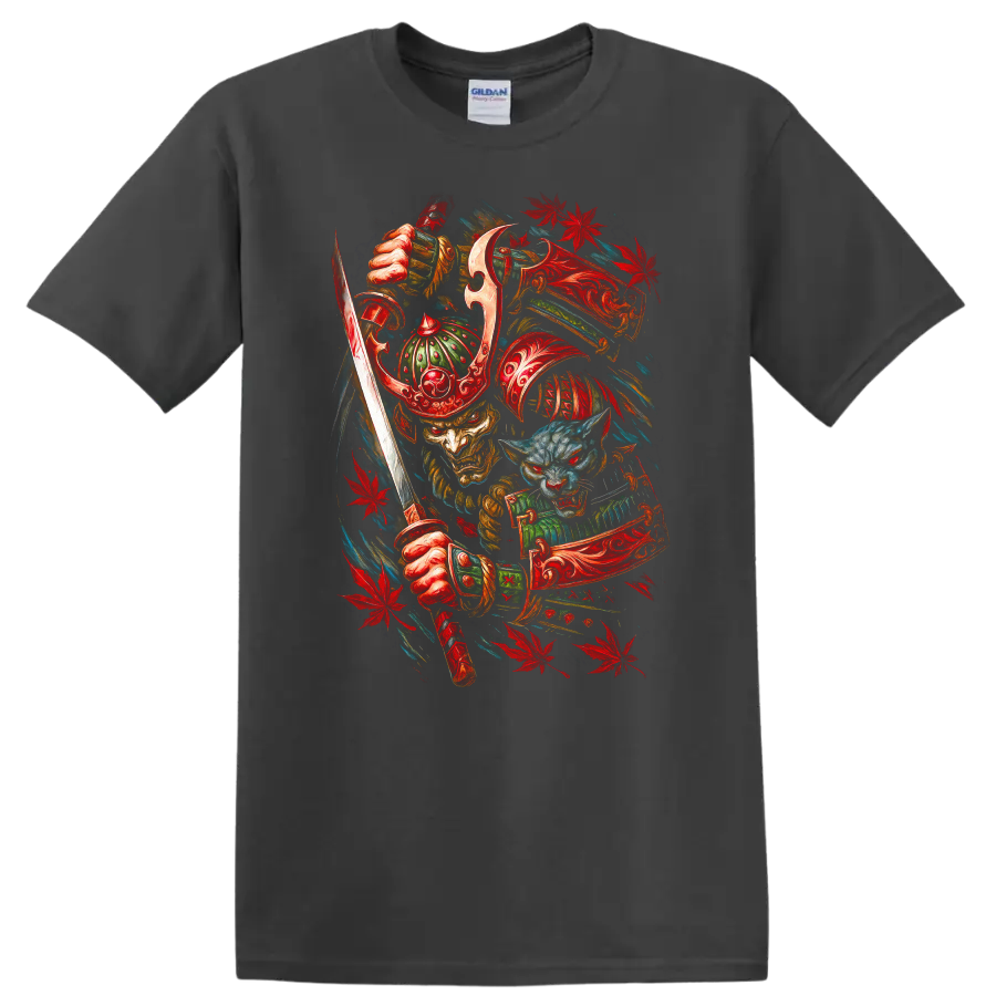 Japanese Samurai Mask T Shirt Red Dragon Warrior Graphic Tee - Charcoal