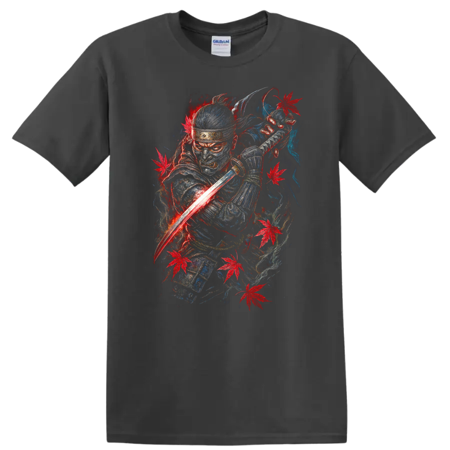 Japanese Samurai Warrior T Shirt Red Blue Maple Leaf Katana Art - Charcoal