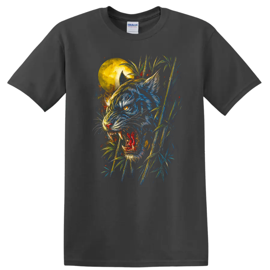 Japanese Style Blue Tiger Moon Bamboo T Shirt for Bold Streetwear - Charcoal