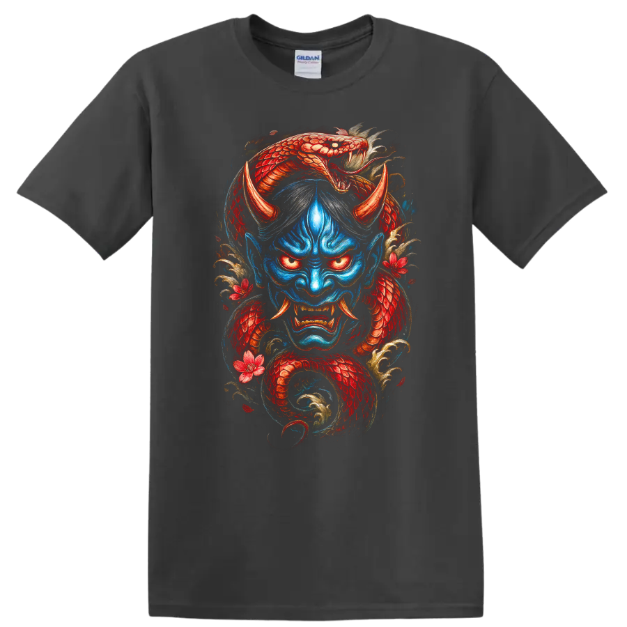 Japanese Demon Dragon Mask Art T Shirt Vintage Samurai Style - Charcoal