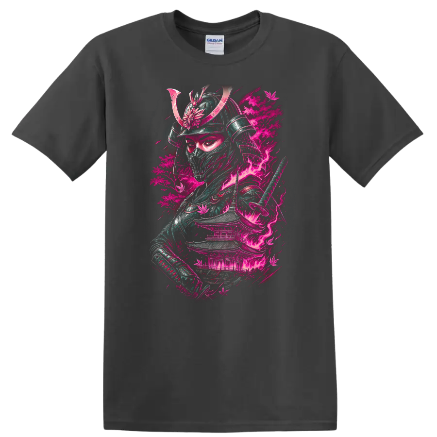 Japanese Samurai Warrior Neon Pink Graphic T Shirt for Bold Streetwear - Charcoal