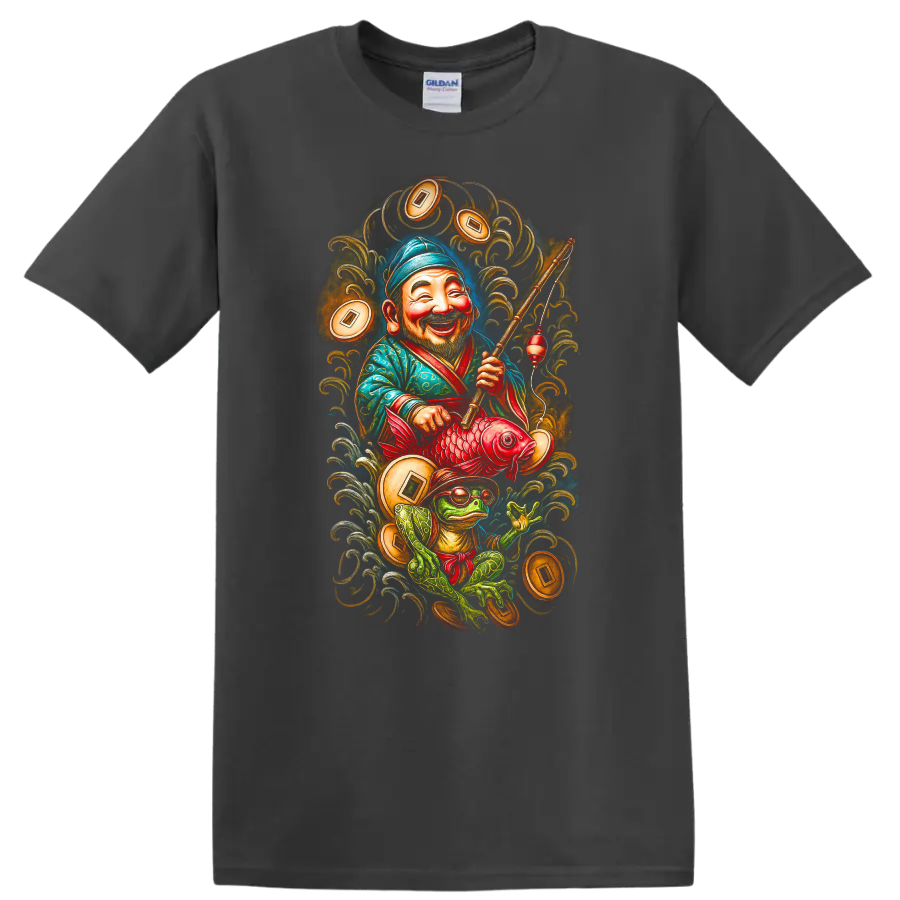 Japanese Style Fisherman and Frog T Shirt with Lucky Koi Art - Charcoal