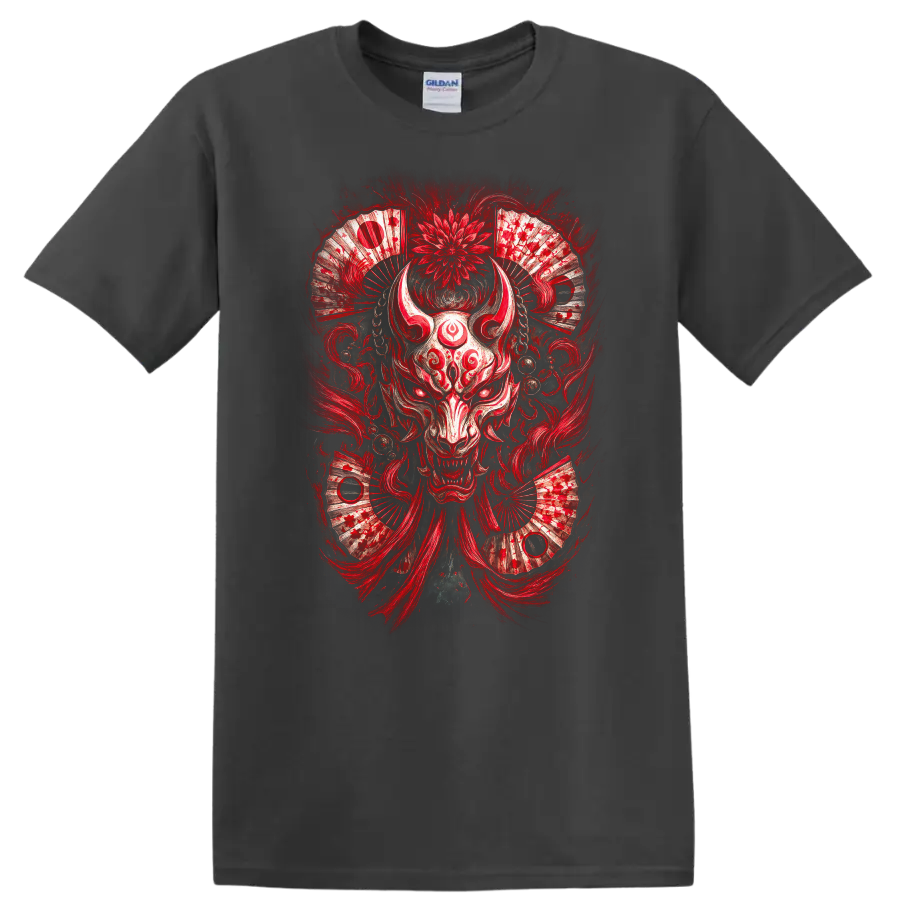 Japanese Oni Mask Red Samurai Demon Art T Shirt on a Charcoal T Shirt