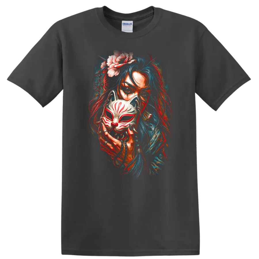 Japanese Style Woman Fox Mask Floral Art T Shirt Colorful Mystic Design - Charcoal