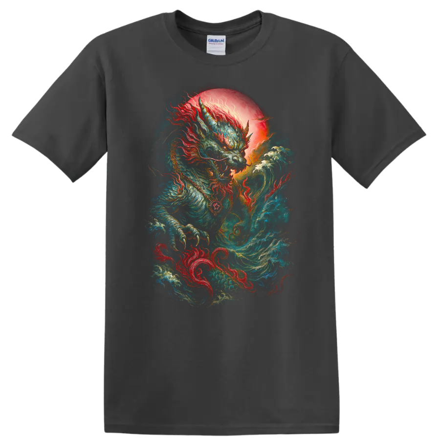 Japanese Dragon Wave Art T Shirt Bold Mythic Samurai Style - Charcoal
