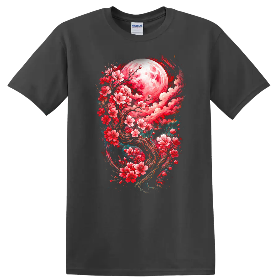 Japanese Style Cherry Blossom Moon T Shirt Floral Fantasy - Charcoal