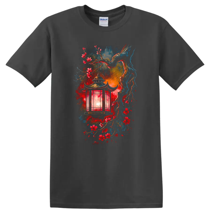Japanese Style Lantern and Cherry Blossoms Watercolor T Shirt - Charcoal