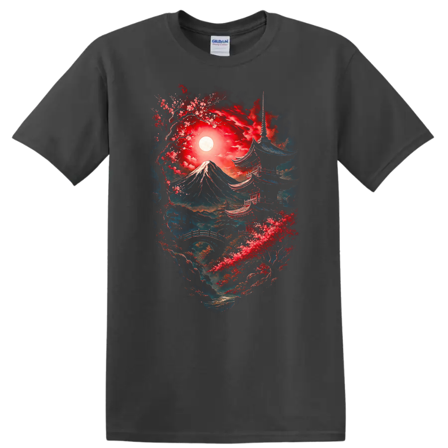 Japanese Style Mount Fuji and Pagoda Art T Shirt for Nature Lovers - Charcoal