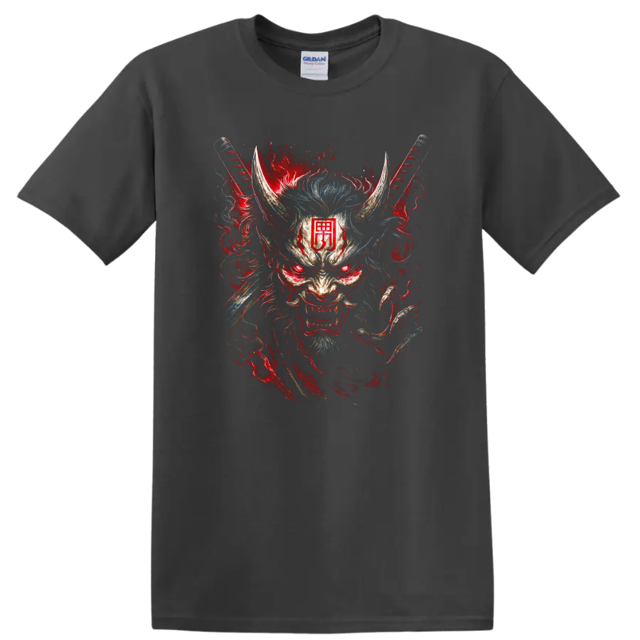 Japanese Oni Mask Samurai Dragon Art T Shirt for Men and Women - Charcoal