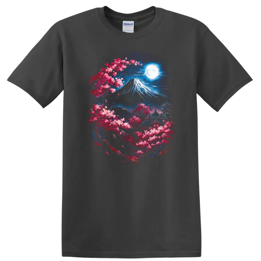 Japanese Style Mount Fuji Sakura Moon Night T Shirt - Charcoal