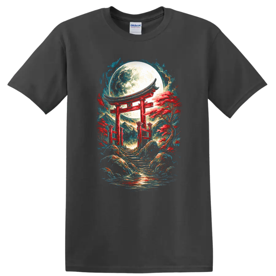 Japanese Torii Moon T Shirt Red Temple Garden Art Tee - Charcoal
