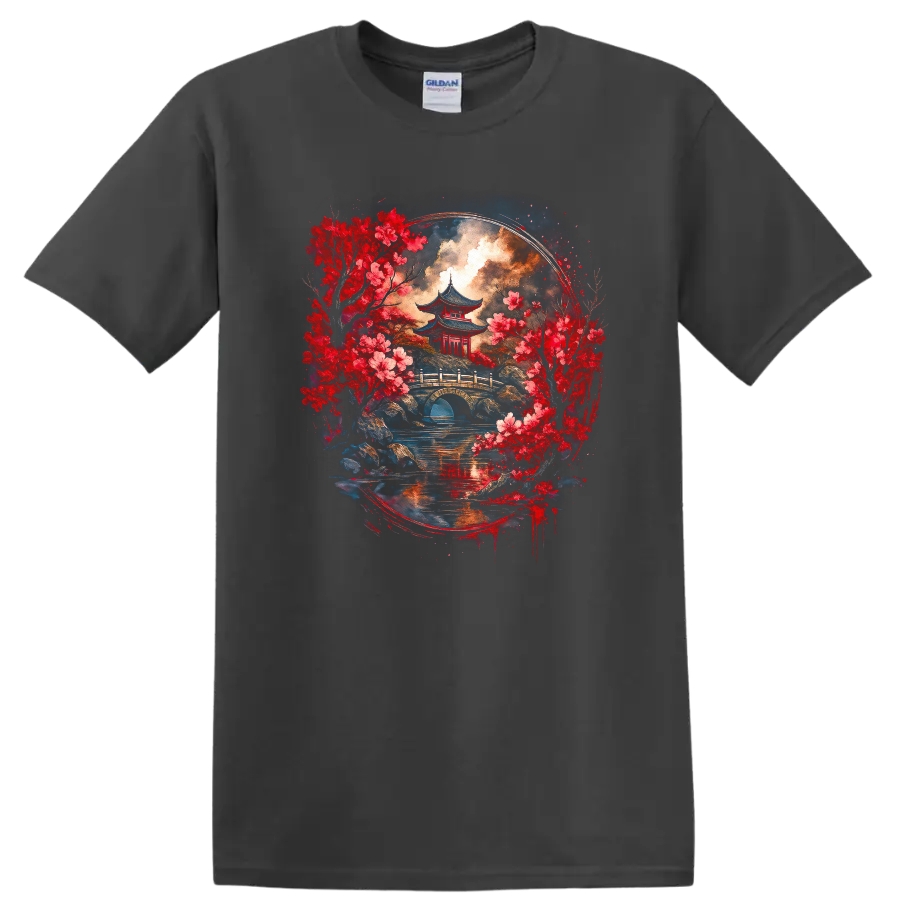 Japanese Pagoda Cherry Blossom Landscape T Shirt for Zen Art Lovers - Charcoal