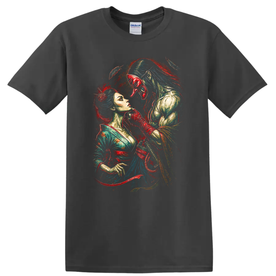 Japanese Style Samurai Woman and Shogun Mask Art T Shirt - Charcoal