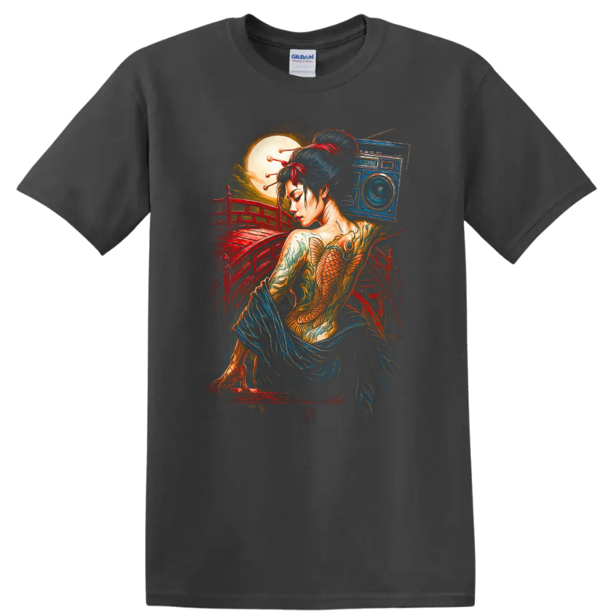 Japanese Geisha Fish Tattoo Art T Shirt with Red Bridge and Moon - Charcoal