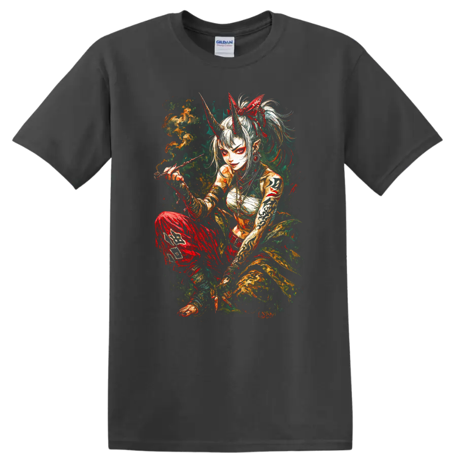 Japanese Oni Demon Girl Samurai Art T Shirt for Anime Style Fans - Charcoal