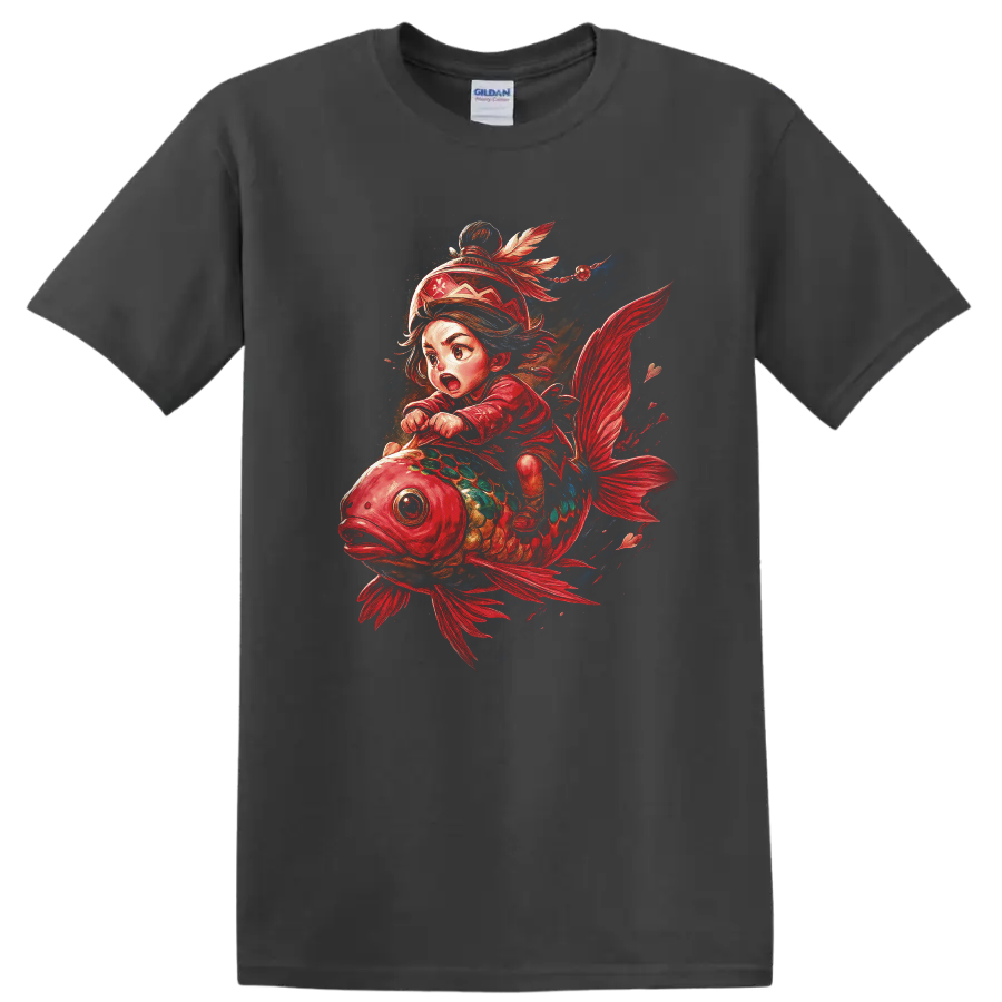 Japanese Style Koi Fish Rider Fantasy Art T Shirt - Charcoal
