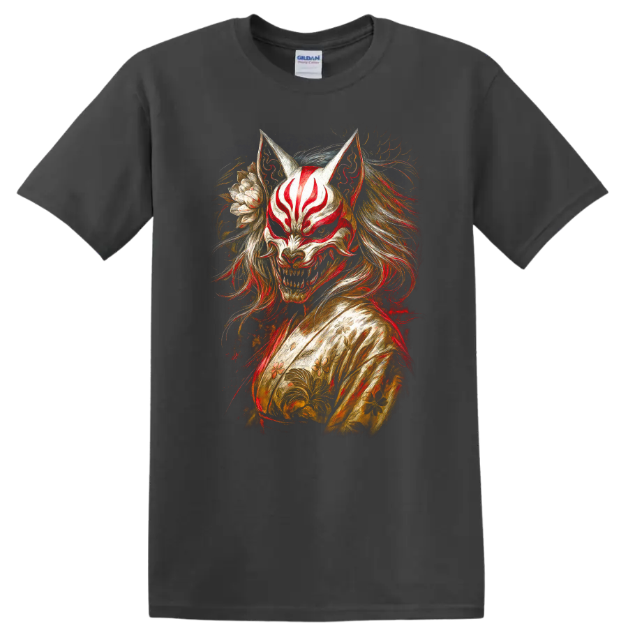 Japanese Fox Mask Oni Style T Shirt with Floral Samurai Art - Charcoal