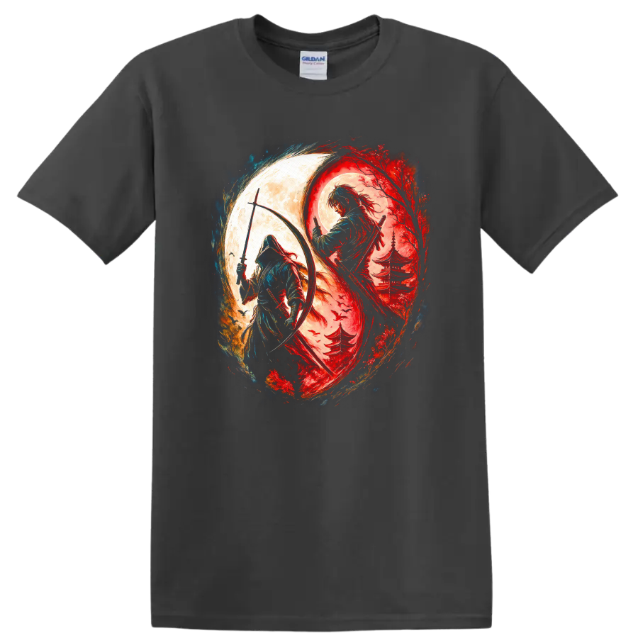 Japanese Samurai Yin Yang Warrior Art T Shirt for Zen Street Style - Charcoal