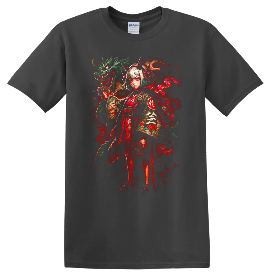 Japanese Style Demon Girl and Dragon Art T Shirt - Charcoal