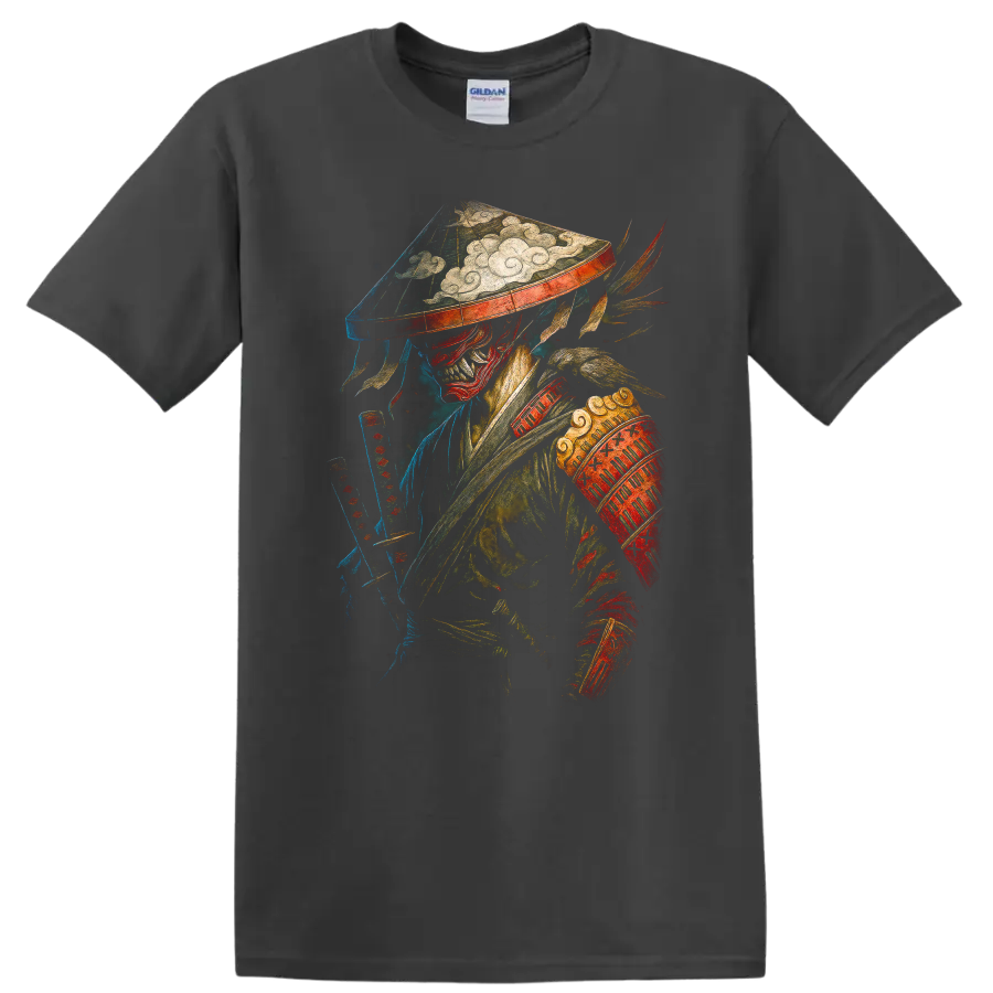Japanese Style Warrior Mask T Shirt Colorful Fantasy Art - Charcoal