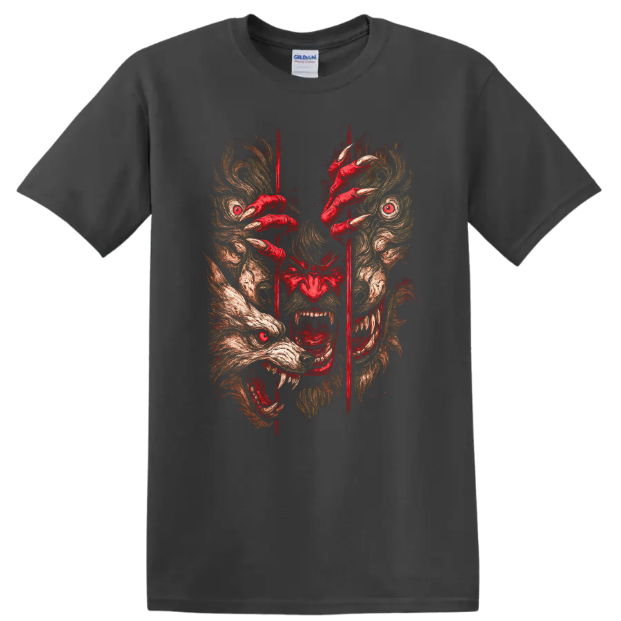 Japanese Oni Mask Graphic T Shirt with Red Claws and Fierce Demon Art - Charcoal