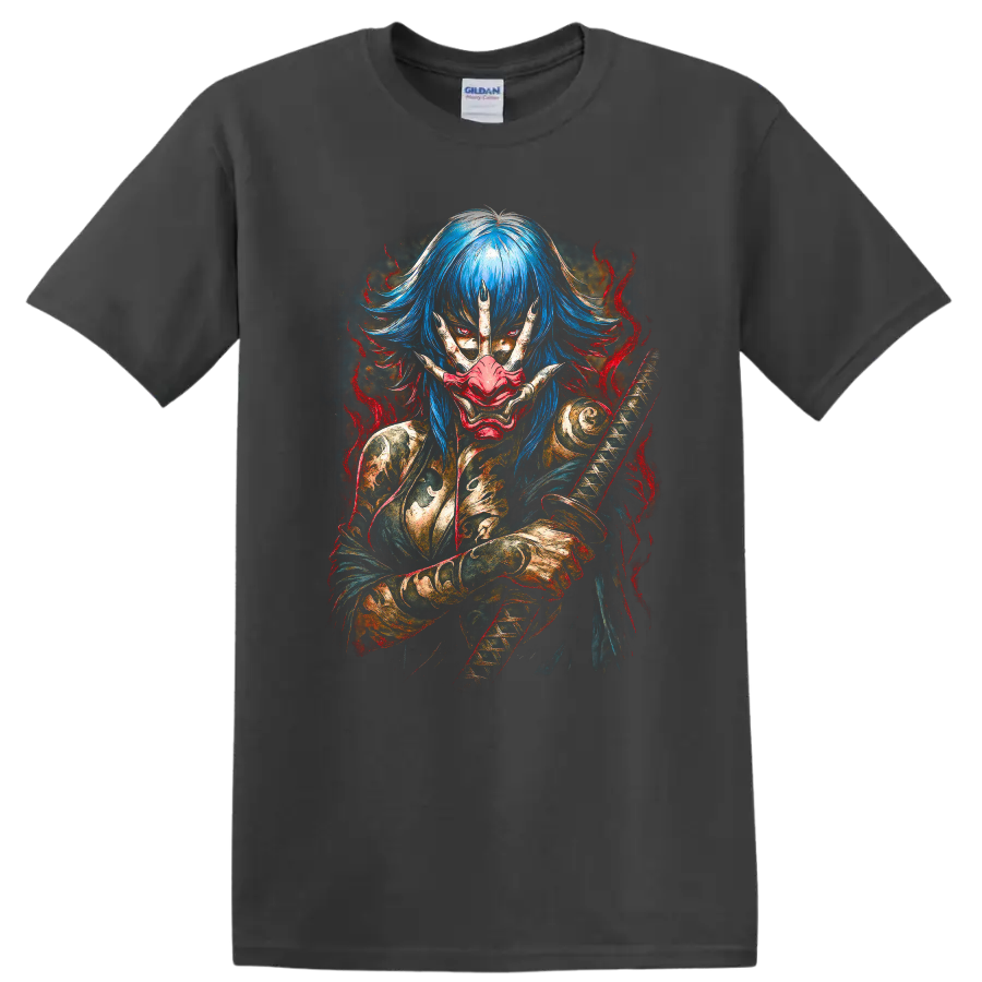 Japanese Style Oni Mask Blue Hair Samurai T Shirt Dark Fantasy Art - Charcoal
