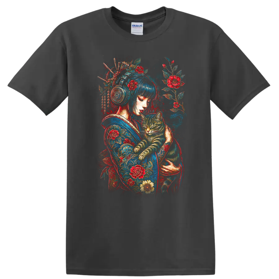 Japanese Style Woman With Cat Floral Art T Shirt - Charcoal