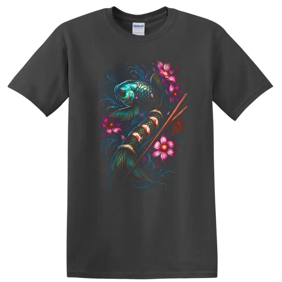 Japanese Koi Fish Floral Art T Shirt, Vibrant Watercolor Design - Charcoal